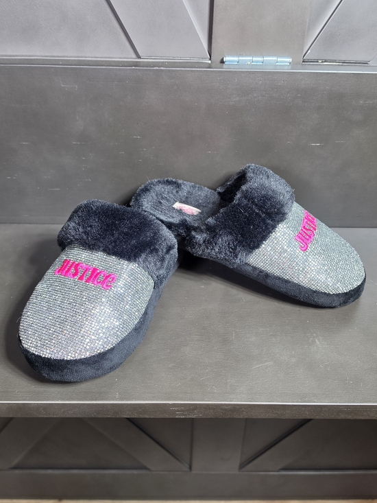 Justice Other - Justice Girls 2-3 Sparkle Faux-Fur Slippers - Black/silver with Pink Logo